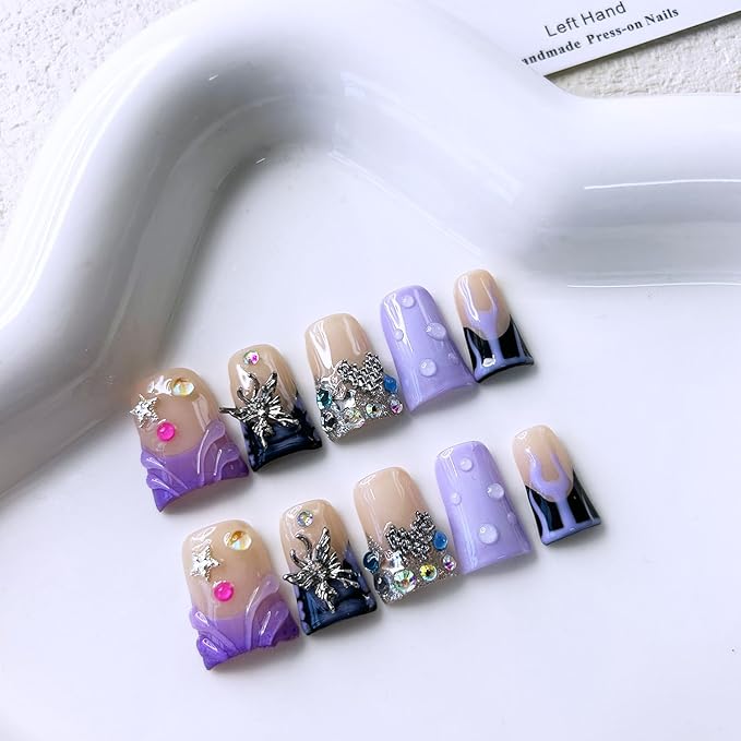 10 Pcs Handmade Press on Nails Medium Duck False Nails with Glue,3D Butterfly Rhinestone Design Purple Thick Fake Nails Heart and Star French Acrylic Reusable Glue on Nails for Women（Size M）