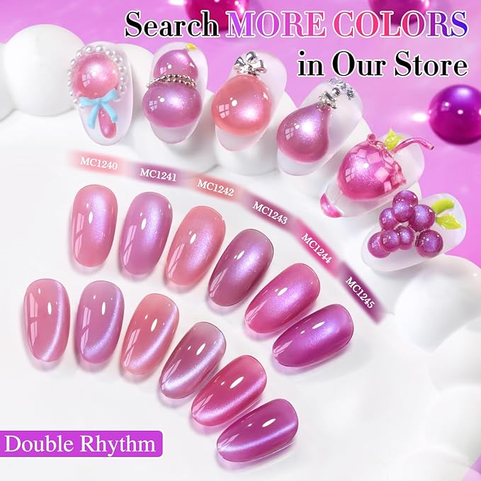 Double Rhythm 15ML Ice Glass Cat Eye Gel Polish with Magnet Holographic Glitter Shimmer Translucent Sheer Color Salon Soak Off Magnetic Nail at Home (Purple Pink-MC1243)
