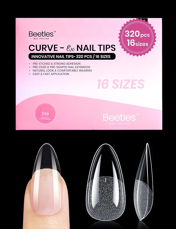 Beetles Gel Nail Tips Curve-EX - Almond Medium, 320pcs 16 Sizes, Etch-X Half Matte Full Cover Soft Acrylic False Press on Nail Tips Easy DIY Nail Extension Art Salon for Curved & Natural Nail Beds