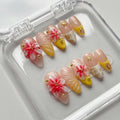 Luxury Press on Nails Medium Almond Handmade 3D Unique Reusable ABS Material Fake Nails French Tip Yellow False Nails with Designs Pink Flower Glossy Glue on Nail Thick Acrylic Nail(M)