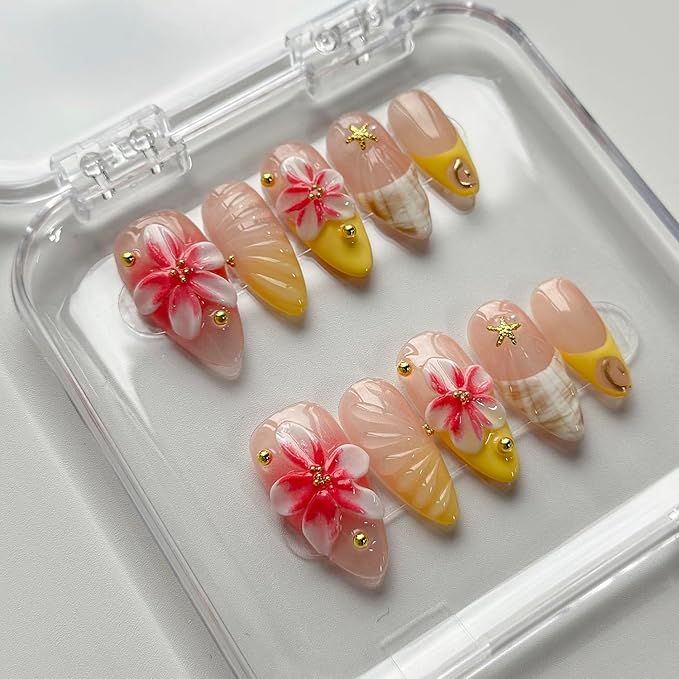 Luxury Press on Nails Medium Almond Handmade 3D Unique Reusable ABS Material Fake Nails French Tip Yellow False Nails with Designs Pink Flower Glossy Glue on Nail Thick Acrylic Nail(S)