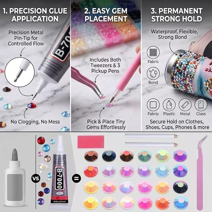 Bedazzling Kit 19200Pcs 3mm Flatback Rhinestones，24 Colors Jelly Resin Gems with 3Pcs B7000 Jewelry Glue for Clothes Crafts Shoes Decor NAI (24 Colors)
