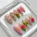 Luxury Press on Nails Medium Almond Handmade 3D Unique Reusable ABS Material Fake Nails French Tip False Nails with Designs Pink Flower Water Ripple Glossy Glue on Nail Thick Acrylic Nail(S)