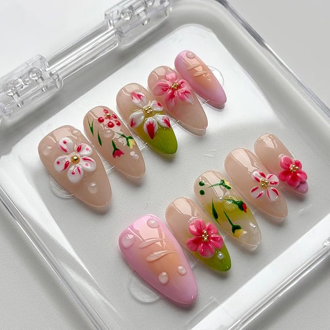 Luxury Press on Nails Medium Almond Handmade 3D Unique Reusable ABS Material Fake Nails French Tip False Nails with Designs Pink Flower Water Ripple Glossy Glue on Nail Thick Acrylic Nail(S)
