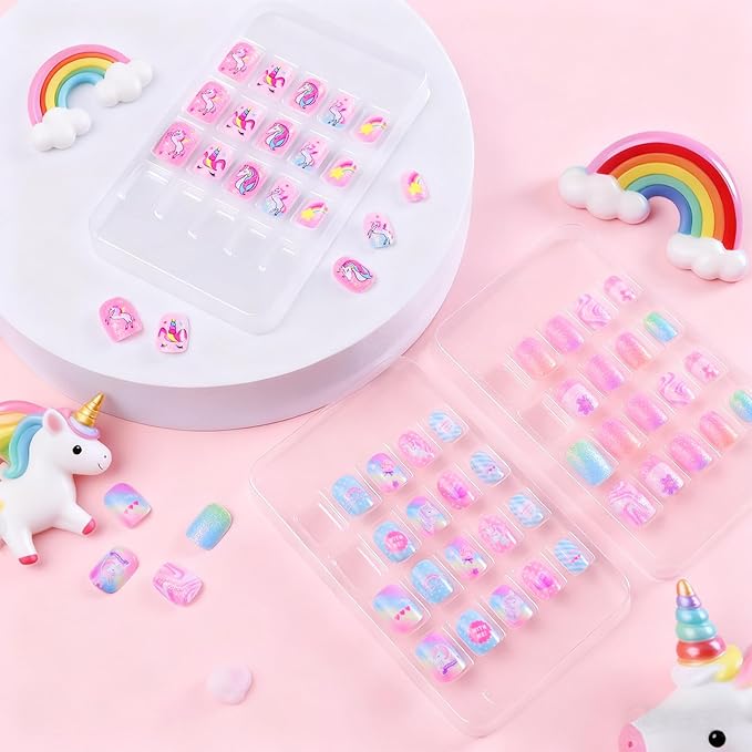 Laza Children Nails Press On Pre-glue Full Cover Colorful Stars Rainbow Clouds Cute Short False Nail Kits for Kids Teenager Girls-Rainbow Unicorn
