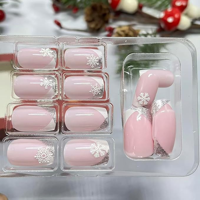 Christmas Press on Nails Medium Square Fake Nail with White Snowflake Designs White Silver French Tip Xmas False Nails Pink Full Cover Winter Stick on Nail for Women 24 Pcs