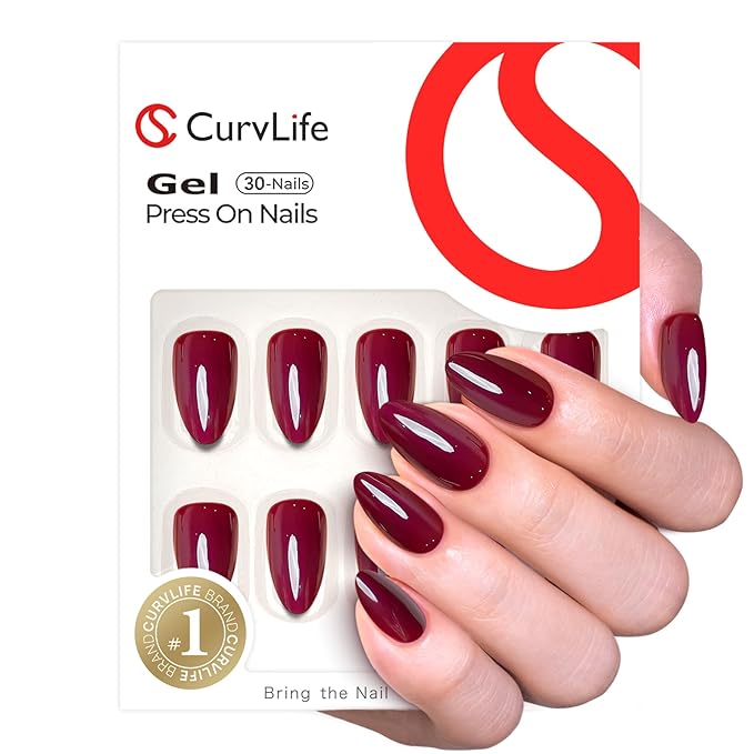 CurvLife Press On Nails Medium Almond – Burgundy Wine Red Fake Nails, Reusable Soft Gel Glue On Nails with Adhesive Tabs, High Gloss, Natural Fit, Salon Quality for Women
