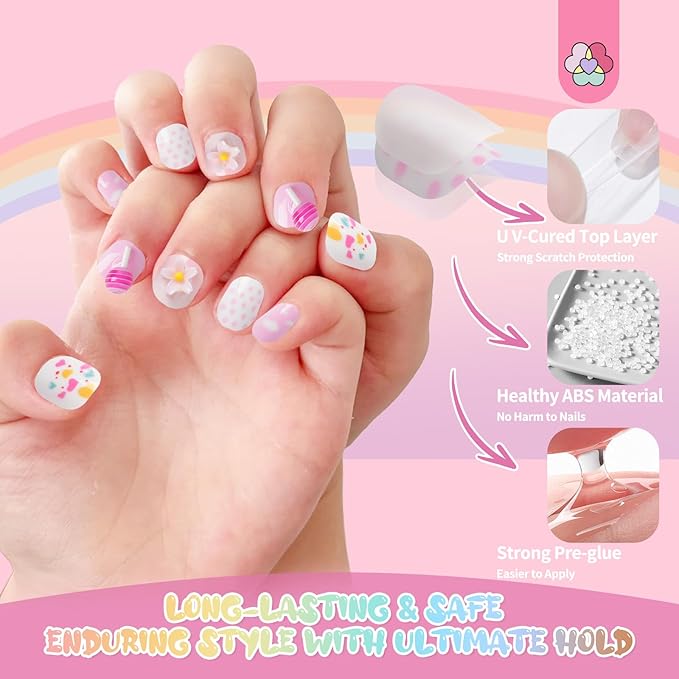 SAVILAND 3D Press on Nails for Kids: 7 Pack Kids Press on Nails for 5-9 Years Pre Glue Full Cover Short Kid Fake Nails Stick On Children Artificial False Nail Tips Fingernails Christmas Gifts for Kid