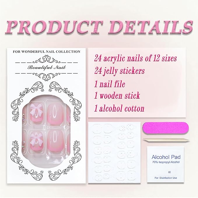 Pink French Tip Short Square Press on Nails MABKJLF Cute Fake Nails False Nails with Bow Rhinestones Designs Full Cover Glossy Glue on Nails Stick on Nails for Women Girls 24Pcs