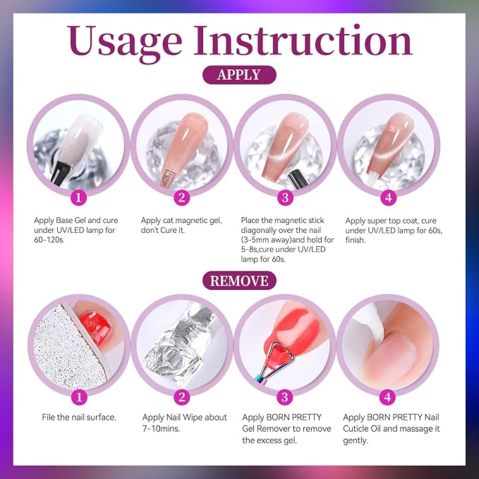 Born Pretty Cat Magnetic Eye Gel Nail Polish Set,Glitter Blue Pink Green Purple Holographic Magnetic Gel Polish Shimmer Auroras Gel Polish for Salon Manicure DIY 6PCS 7ML