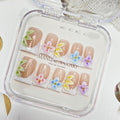 Handmade Press on Nails White French Press on Nails Short Duck Fake Nail Designs Colorful Flower False Nails Rhinestones Glossy Acrylic Nail for Women Nails Manicure Decoration (Size M)