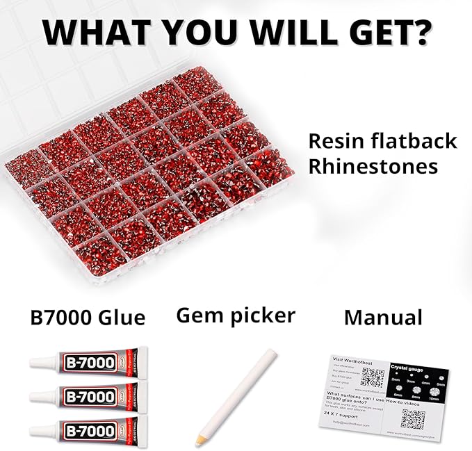 33000Pcs Red Rhinestones for Bedazzling, Bedazzler Kit with Flatback Craft Rhinestones Light Siam Bulk and B7000 Glue, 2,3,4,5,6mm Resin Flat Back Crystals for Craftings, Crafts, Clothes, Shoes, Nails