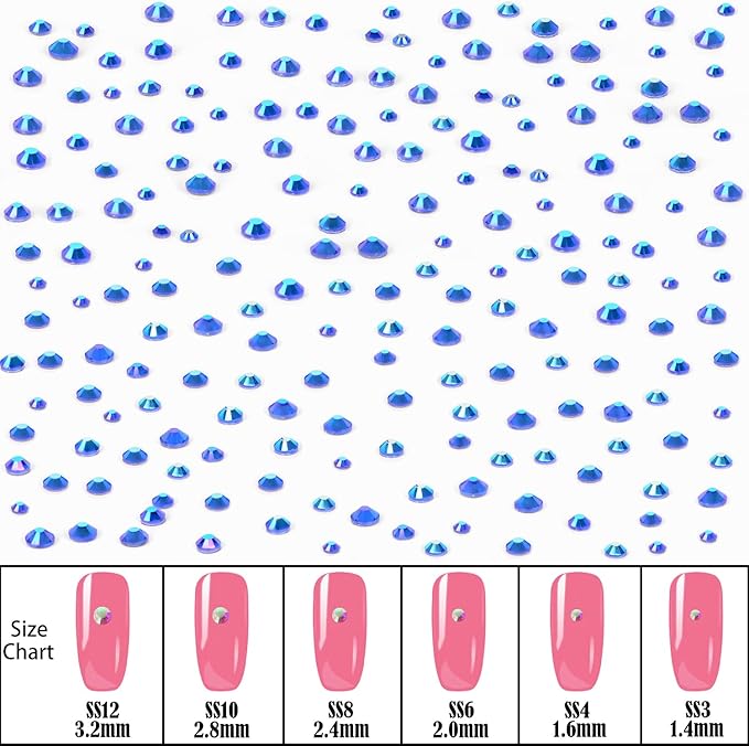 NCB Hotfix Iron on 8000pcs Crystal Rhinestones Round Gem for Crafts Decoration DIY Jewelry Making with a Picking Pen (Sapphire AB, 6Sizes SS3-SS12)