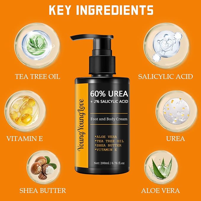 Fragrance Free 60% Urea Cream plus 2% Salicylic Acid, for Dry Cracked Hands Knees Feet Heels, Repair Unscented Foot Cream for Dead Skin, Lotion for Moisturizing and Softening 6.76 OZ