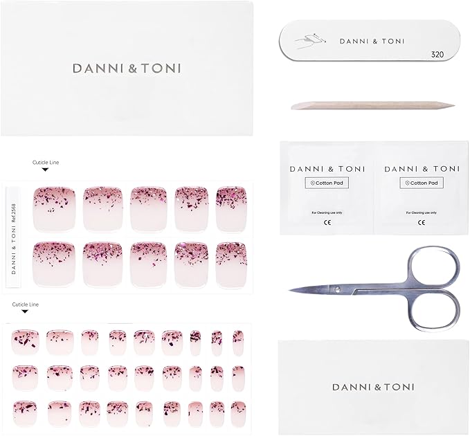 DANNI & TONI Semi Cured Gel Toenail Strips Rose Red Sparkles (Scarlet Gleam) Translucent Toenail Stickers Reverse French Gel Pedi Wraps 37 Stickers