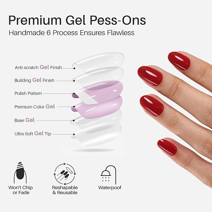 Red Press on Nails Oval for Women Gift - SHANGMENG Soft Gel Press on Nails Short with Glue, Fit Perfectly & Natural Glue on Nails in 16 Sizes - 32 Reusable Fake Nails, Cherry Red