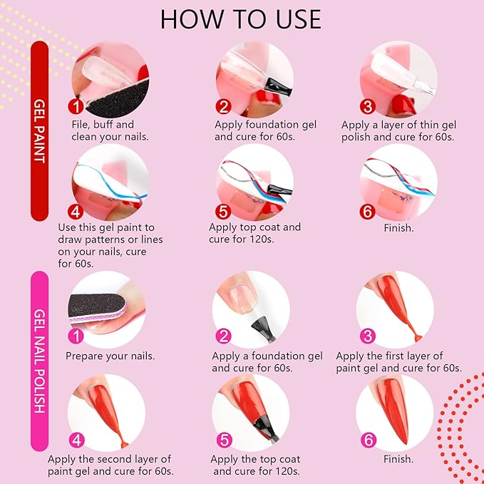 SAVIALND Gel Nail Art Polish Set: Nail Art Pens Markers Gel Liner Nail Art Polish Set Paint Set with White Red Silver Gold Nail Painting Drawing for Line Pulling Nail Polish Drawing