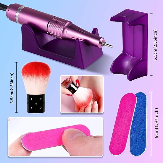 Professional Electric Nail Drill Kit 35000RPM with 14PCS Bits Purple Blue Portable Rechargeable Cordless File Machine for Acrylic Gel Powder Nails and Manicure Pedicure Toenail Tool Salon Set