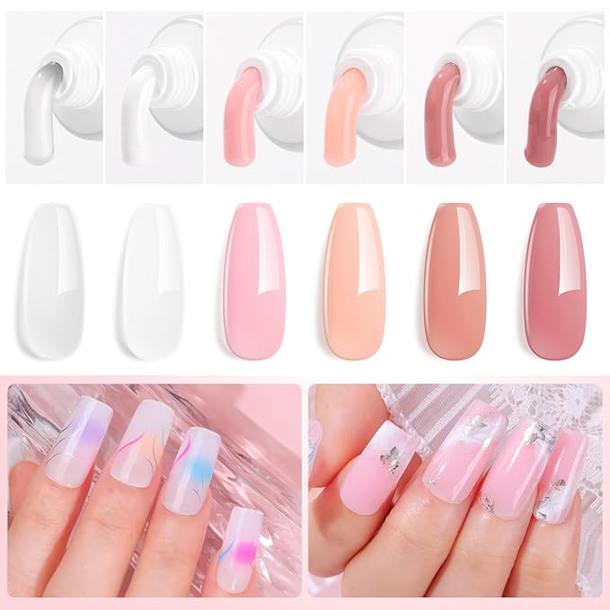 Makartt Poly Nail Gel Kit - 6 Neutral Colors for Extension Nails, Long Lasting Poly Nail Gel Set, Natural-looking, Strong Builder Enhancement for Salon Manicure DIY at Home 15ML Clear White Nude Pink