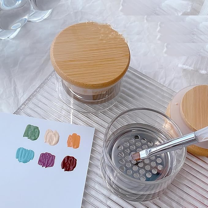 2Pcs Glass Nail Art Brush Cleaner Cup Acrylic Liquid Powder Dappen Cup Dish Nail Pen Brush Washing Cup Container Glassware with Wooden Lid & Stainless Steel Filter for Nail Art Manicure Care Tools