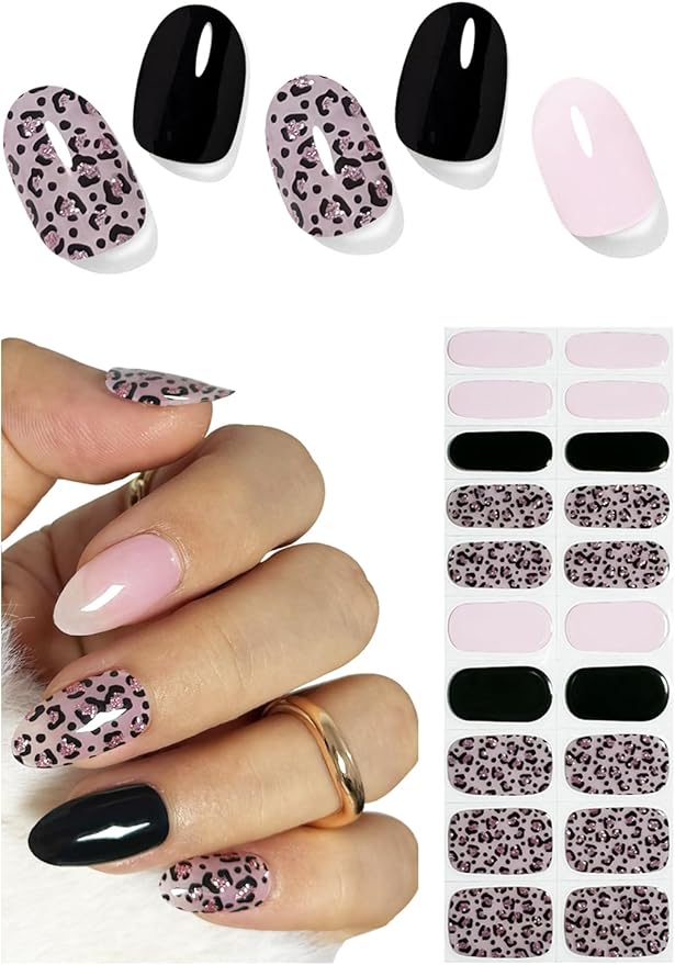 Semi Cured Gel Nail Strips, Leopard Glitter 20pcs Adhesive UV Sticker, Wraps for Home Manicure DIY