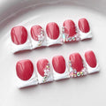French Tip Press on Nails Handmade Short Duck 3D Flower Thick Acrylic Nails White False Nails with Floral Rhinestones Designs Elegant Glossy Fake Nail Sturdy Wedding Art Press on Nail 10Pcs(M)