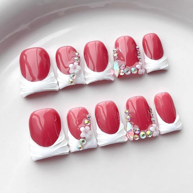 French Tip Press on Nails Handmade Short Duck 3D Flower Thick Acrylic Nails White False Nails with Floral Rhinestones Designs Elegant Glossy Fake Nail Sturdy Wedding Art Press on Nail 10Pcs(S)