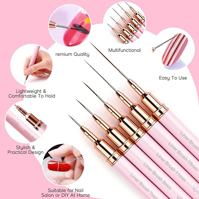 Nail Art Liner Brushes - Eptbsdu 5PC Nail Art Brush for Long Lines, Liner Brush UV Gel Polish Painting Nail Design Brush Metal Handle Nail Drawing Pens, Sizes 7/9/11/15/25mm