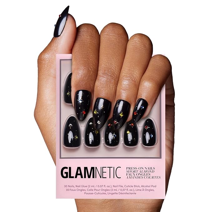 Glamnetic Press On Nails - Winter Comet | Glossy, Opaque, Short Almond Nails, Salon Quality | 15 Sizes - 30 Nail Kit with Glue