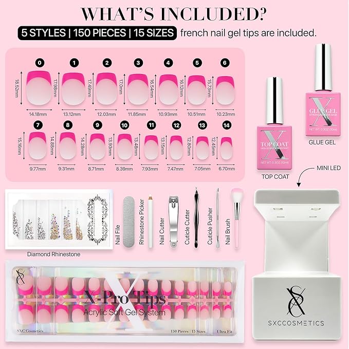 SXC Cosmetics French Tip Press On Nails – 5 Pink Series, Extra Short Square, X-Pro Tips Starter Kit | 150PCS, 15 Sizes, 5 Styles, Beginner-Friendly