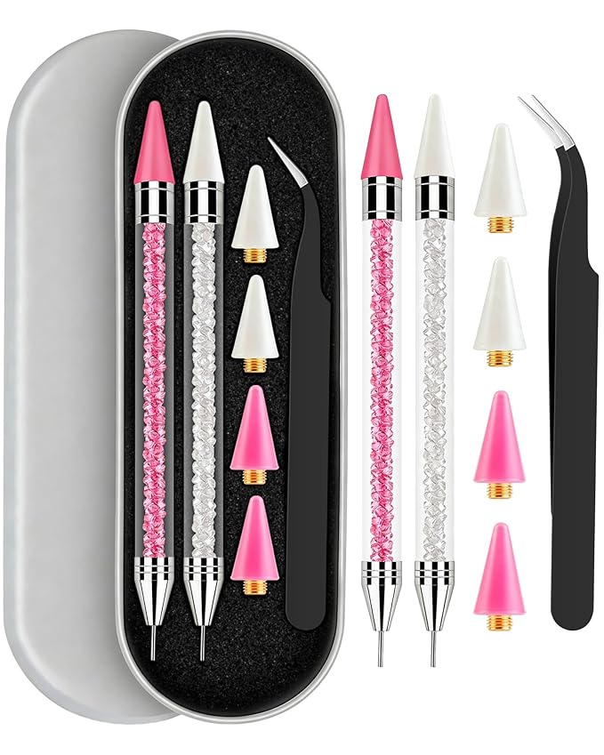 Difenni Rhinestone Picker Tool, Wax Pencil for Rhinestones Tool, Dual-Ended DIY Nail Bedazzling Tools with 2 Extra White and 2 Extra Pink Replaceable Wax Head and 1 Tweezer(White and Pink)