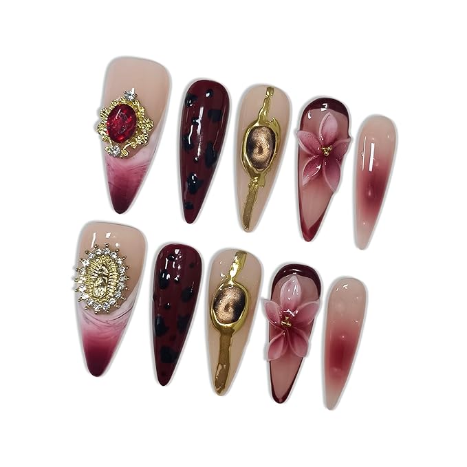 Nude & Red Press on Nails with 3D Floral Cat Eye Carving & Gold Statue Charms, Long Stiletto Glossy Iced Baroque Fake Nails, Reusable Luxury Vintage False Nails for Women Gala Opera (Size S)
