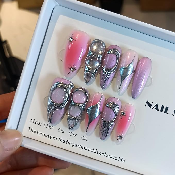 Handmade Press on Nails Almond,Sweet Cool Fake Nails With Designs,Metal 3D Aurora Nails 10Pcs/Box,Acrylic False Nails Press Ons,y2k False Nails With Glue For Women Girls Gift(L)