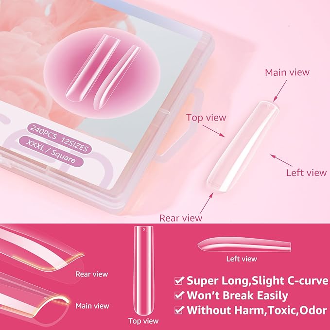 Clear Long Square Nail Tips: XXXL Extra Long Straight Tips Square for Acrylic Nails - Full Cover C Curve Acrylic Gel Nail Tips for Salon DIY Home Salon 240Pcs 12 Sizes