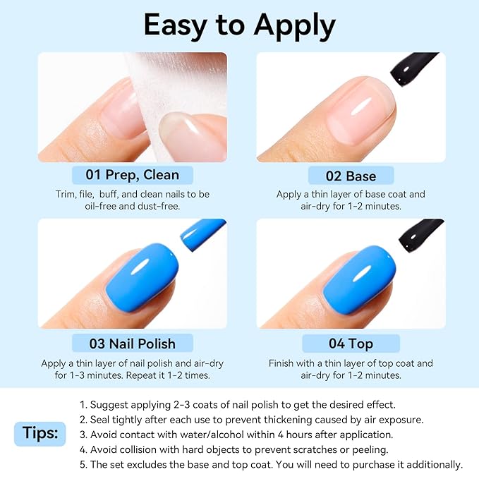 Blue Nail Polish Set: 6 Colors Light Blue Dark Navy Teal Ocean Baby B lue Collection Toe Fingernail Polish, Quick Dry Non Gel, High Gloss Shine, Healthy Nail Art DIY Manicure Gift