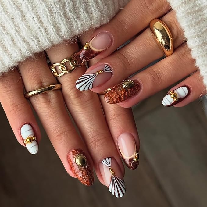 Press on Nails Short Oval MABKJLF Fake Nails False Nails with Tortie Designs Fall Winter Glossy Glue on Nail Brown Acrylic Nails for Women Girls 24Pcs