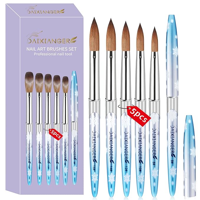 5PCS Snowflake Acrylic Nail Brush Set - Size 8/10/12/14/16 Brushes for Acrylic Powder Application, 3D Carving & Nail Art Extension, Blue Handle Nail Tools for DIY Home Salon Manicure