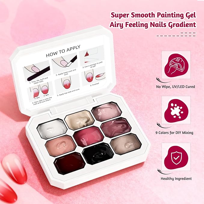 JODSONE Patting Gel Nail Polish Kit, 9 Colors U V/LED Gradient Painting Sponge Gel Kit with 50 PCS Nail Sponges and Grabbing Pen for Home & Salon Use