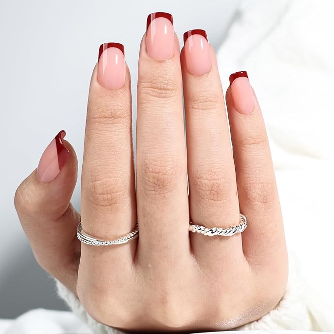 Red French Tip Press On Nails - Short Square Red Tips Press on Nails Glossy Nails Press Ons for Women DIY Fake Nails Kit with Glue, Reusable Glue on Nails Short in 16 Sizes - 32pcs, Cherry Tip