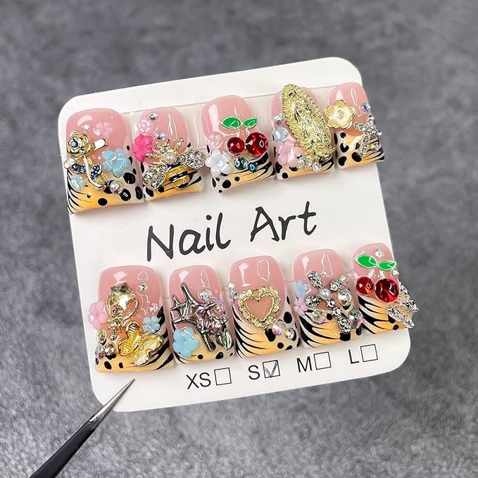 Handmade Press on Nails Leopard Print French Tip Stick on Nails Luxury 3D Rhinestone Flower Fake Nails Muti-Layer Gel False Nail with Cherry Designs Short Duck Acrylic Nail for Women（S）