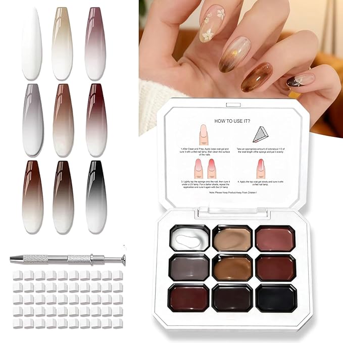 9 Colors Gradient Blooming Gel Nail Polish Palette, Aura Nail Art Kit for Blush Nails, Solid Creamy Gel for Ombre Nails, Sponge Patting Painting Gel, UV/LED Cured Nail Art Set for Beginners