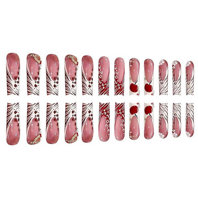 Long Square Press on Nails Xl Fake Nails Red White French Tip Glue on Nail with Cherry and Gold Heart Charm Y2k False Nails Glossy Full Cover Acrylic Nails for Women 24Pcs