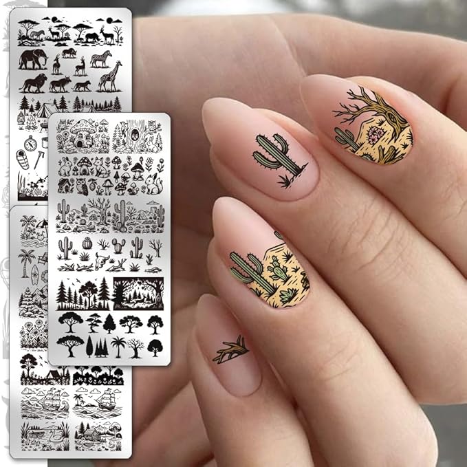 PH PandaHall 3pcs Animal Plant Nail Stamping Plates, Grassland Scene Nail Art Templates Beautiful Sight Stainless Steel Image Plate Art Stencils for Women DIY Print Manicures Salon Design Supplies