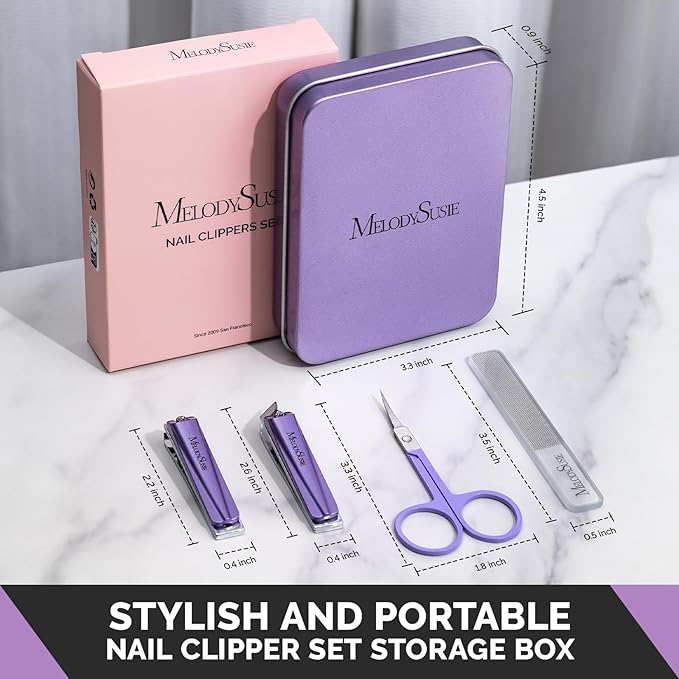 MelodySusie Nail Clippers Set 4 in 1, Ultra Sharp Toenail Clippers with Glass Nail File Cuticle Scissors, Stainless Steel Nail Clippers for Women, Fingernail Clipper Cutter Manicure Set Gifts, Purple