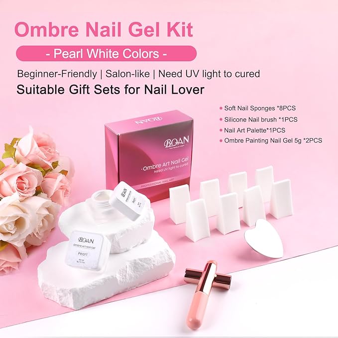 BQAN Ombre Gel Nail Polish Pearl Color, 2Pcs Patting Gradient Painting Gel with Nail Sponge & Silicone Brush & Palette for Ombre Nails Gradient Design, French Manicure DIY Nails Art