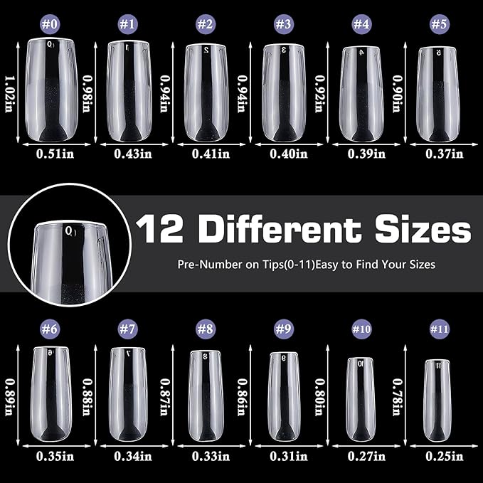 600pc Medium Square Nail Tips Fake Nails Press on Nails Clear Nail Tip Full Cover False Nails Artificial Fingernail, 12 Size Soft Gel Nail Tips Square for Acrylic Nail Gel Nail Extensions