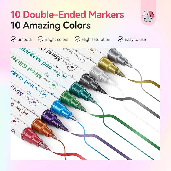 SAVILAND Nail Art Pens Set: 10 Colors Double Ended Quick Dry Nail Polish Pens for Nail Art Design Painting Drawing Liner Brush Dotting Tool Metallic Nail Paint Markers Pen Home Manicure DIY