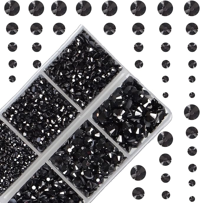 10000Pcs 2-Boxes Mixed Size Hot Fix Round Crystals Gems Glass Stones Hotfix Flat Back Rhinestones with Tweezers and Picking Pencil (Hematite Black)