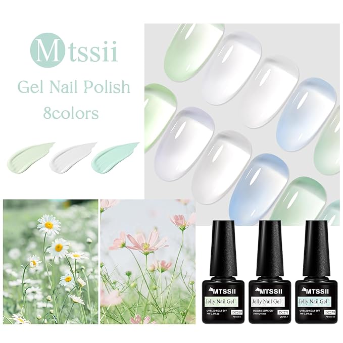 MTSSII Jelly Green White Gel Nail Polish Set, 8 Transparent Colors Sheer Gel Nail Kit for Salon Sage Green Gel Manicure and Nail Art DIY at Home for Girls Women