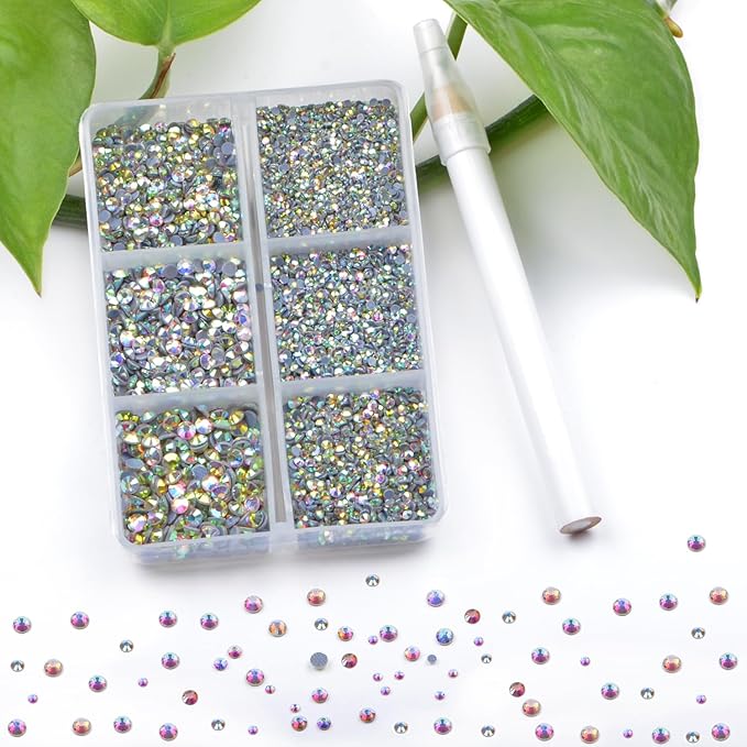 Bymitel Hotfix Crystal Rhinestones Round Gems for Crafts,Mixed 6 Sizes with Wax Pencil Kit, Crystal AB 1.3-3.2mm (SS3-SS12/8000pcs)
